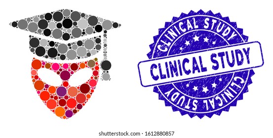 Mosaic alien scientist icon and distressed stamp watermark with Clinical Study phrase. Mosaic vector is formed with alien scientist icon and with scattered round spots.
