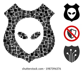 Mosaic Alien shield icon organized from square items in random sizes and color hues. Vector square elements are organized into abstract mosaic alien shield icon. Bonus icons are added.