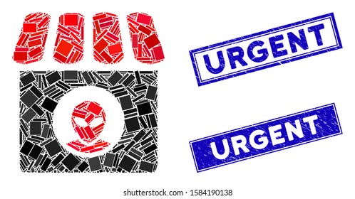 Mosaic alien shop pictogram and rectangle Urgent stamps. Flat vector alien shop mosaic pictogram of randomized rotated rectangle items. Blue Urgent stamps with scratched textures.