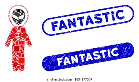 Mosaic alien space suit and corroded stamp seals with Fantastic text. Mosaic vector alien space suit is designed with random rectangles. Fantastic stamp seals use blue color,