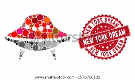 Mosaic alien spaceship and rubber stamp seal with New York Dream text. Mosaic vector is designed with alien spaceship icon and with scattered spheric spots. New York Dream stamp seal uses red color,