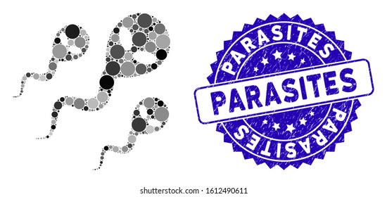 Mosaic alien sperm icon and corroded stamp seal with Parasites phrase. Mosaic vector is created with alien sperm icon and with random circle elements. Parasites stamp seal uses blue color,