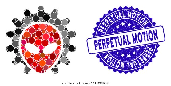 Mosaic alien technology icon and rubber stamp seal with Perpetual Motion phrase. Mosaic vector is created with alien technology pictogram and with randomized round items.