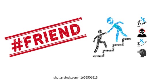 Mosaic alien training help icon and red #Friend rubber print between double parallel lines. Flat vector alien training help mosaic icon of scattered rotated rectangle items.