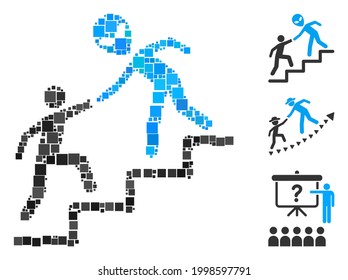 Mosaic Alien training help icon designed from square elements in variable sizes and color hues. Vector square elements are organized into abstract mosaic alien training help icon.