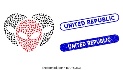 Mosaic alien visitor heads and corroded stamp seals with United Republic phrase. Mosaic vector alien visitor heads is formed with randomized elliptic dots. United Republic stamp seals use blue color,