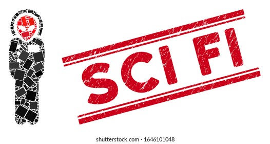 Mosaic alien visitor space suit icon and red Sci Fi rubber print between double parallel lines. Flat vector alien visitor space suit mosaic icon of scattered rotated rectangle items.