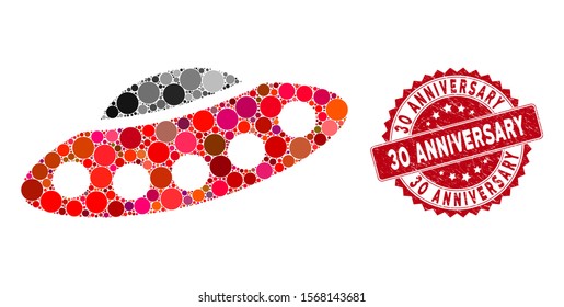 Mosaic alien visitors spaceship and grunge stamp seal with 30 Anniversary phrase. Mosaic vector is formed with alien visitors spaceship icon and with random round spots.
