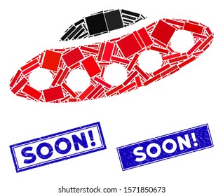 Mosaic alien visitors spaceship pictogram and rectangular Soon! seal stamps. Flat vector alien visitors spaceship mosaic pictogram of scattered rotated rectangular items.