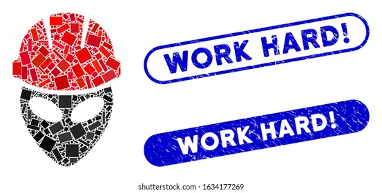 Mosaic alien worker and distressed stamp seals with Work Hard! phrase. Mosaic vector alien worker is created with random rectangles. Work Hard! stamp seals use blue color,