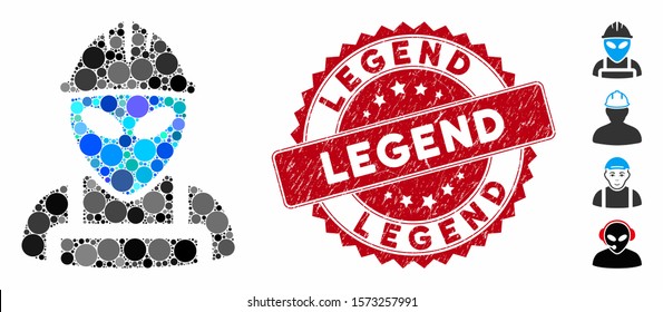 Mosaic alien worker icon and grunge stamp seal with Legend phrase. Mosaic vector is created with alien worker pictogram and with random circle spots. Legend seal uses red color, and grunge texture.