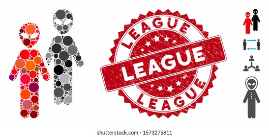Mosaic aliens icon and grunge stamp seal with League text. Mosaic vector is composed from aliens icon and with random spheric items. League stamp seal uses red color, and scratched surface.