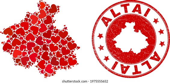 Mosaic Altai Republic map formed from red love hearts, and rubber badge. Vector lovely round red rubber badge imprint with Altai Republic map inside.