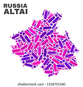 Mosaic Altai Republic map isolated on a white background. Vector geographic abstraction in pink and violet colors. Mosaic of Altai Republic map combined of random circle points and lines.