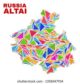 Mosaic Altai Republic map of triangles in bright colors isolated on a white background. Triangular collage in shape of Altai Republic map. Abstract design for patriotic decoration.