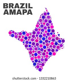 Mosaic Amapa state map isolated on a white background. Vector geographic abstraction in pink and violet colors. Mosaic of Amapa state map combined of random circle elements.