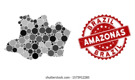 Mosaic Amazonas State map and circle rubber print. Flat vector Amazonas State map mosaic of randomized round elements. Red rubber stamp with scratched design.