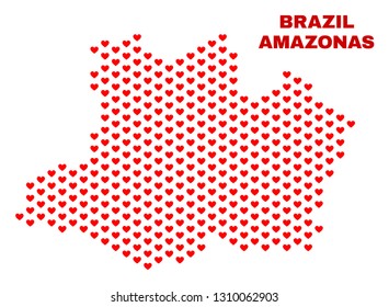 Mosaic Amazonas State map of heart hearts in red color isolated on a white background. Regular red heart pattern in shape of Amazonas State map. Abstract design for Valentine illustrations.