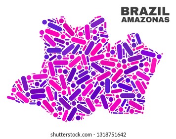 Mosaic Amazonas State map isolated on a white background. Vector geographic abstraction in pink and violet colors. Mosaic of Amazonas State map combined of random circle points and lines.