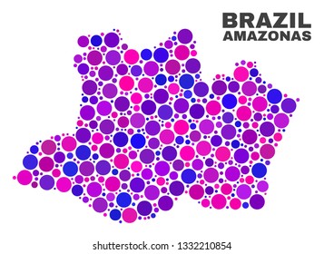 Mosaic Amazonas State map isolated on a white background. Vector geographic abstraction in pink and violet colors. Mosaic of Amazonas State map combined of scattered circle points.