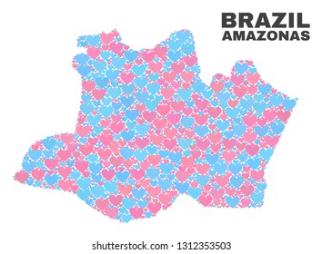 Mosaic Amazonas State map of lovely hearts in pink and blue colors isolated on a white background. Lovely heart collage in shape of Amazonas State map. Abstract design for Valentine illustrations.