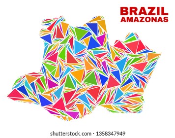 Mosaic Amazonas State map of triangles in bright colors isolated on a white background. Triangular collage in shape of Amazonas State map. Abstract design for patriotic purposes.