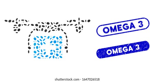 Mosaic ambulance drone and grunge stamp seals with Omega 3 text. Mosaic vector ambulance drone is composed with random oval items. Omega 3 stamp seals use blue color, and have round rectangle shape.