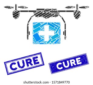 Mosaic ambulance drone icon and rectangle Cure stamps. Flat vector ambulance drone mosaic icon of randomized rotated rectangle elements. Blue Cure seal stamps with grunged surface.