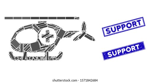 Mosaic ambulance helicopter icon and rectangular Support rubber prints. Flat vector ambulance helicopter mosaic icon of randomized rotated rectangular elements.