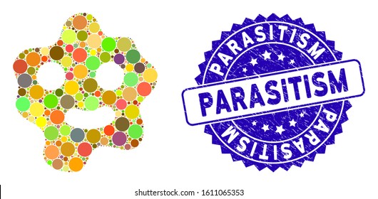 Mosaic ameba icon and rubber stamp seal with Parasitism text. Mosaic vector is formed with ameba pictogram and with random spheric elements. Parasitism stamp seal uses blue color, and rubber surface.