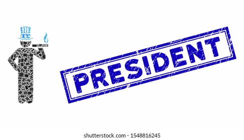Mosaic American capitalist and corroded stamp watermark with President text. Mosaic vector American capitalist is formed with randomized rectangles. President stamp seal uses blue color.