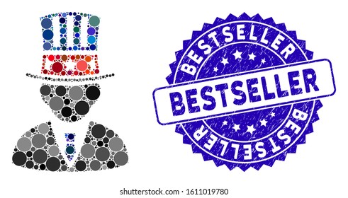 Mosaic American capitalist icon and distressed stamp seal with Bestseller phrase. Mosaic vector is composed with American capitalist icon and with randomized circle spots.