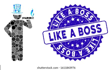 Mosaic American capitalist icon and grunge stamp seal with Like a Boss text. Mosaic vector is created from American capitalist icon and with randomized round items.