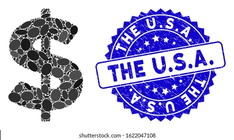 Mosaic American Dollar icon and distressed stamp seal with The U.S.A. text. Mosaic vector is created with American Dollar pictogram and with randomized elliptic spots. The U.S.A.