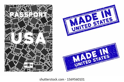 Mosaic American passport pictogram and rectangular seal stamps. Flat vector American passport mosaic pictogram of random rotated rectangular elements. Blue caption stamps with grunge surface.