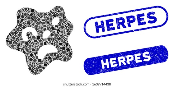 Mosaic amoeba icon and red round corroded stamp seal with Herpes text and coronavirus symbol. Mosaic vector is formed with amoeba icon and with randomized circle elements.