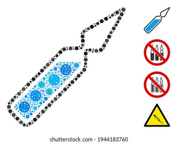 Ampolla mosaica compuesta de íconos del virus SARS en tamaños variables y tonos de color. Los iconos de los vectores patógenos se agrupan en un icono abstracto de la ampolla de mosaico. Se añaden algunos iconos adicionales.