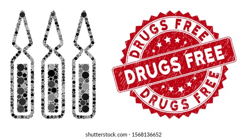 Mosaic ampoules and distressed stamp watermark with Drugs Free text. Mosaic vector is created with ampoules icon and with scattered circle spots. Drugs Free stamp seal uses red color,