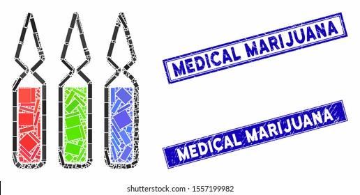 Mosaic ampoules icon and rectangular seals. Flat vector ampoules mosaic icon of scattered rotated rectangular elements. Blue caption seals with corroded surface.