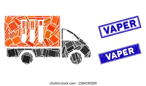 Mosaic analysis delivery icon and rectangular Vaper stamps. Flat vector analysis delivery mosaic icon of scattered rotated rectangular elements. Blue Vaper seal stamps with distress surface.