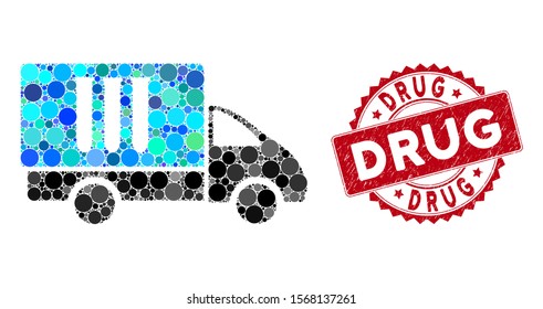 Mosaic analysis delivery and rubber stamp watermark with Drug text. Mosaic vector is composed with analysis delivery icon and with randomized circle spots. Drug stamp seal uses red color,