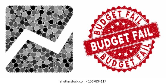 Mosaic analytics chart and distressed stamp watermark with Budget Fail caption. Mosaic vector is created with analytics chart icon and with randomized round items. Budget Fail stamp uses red color,
