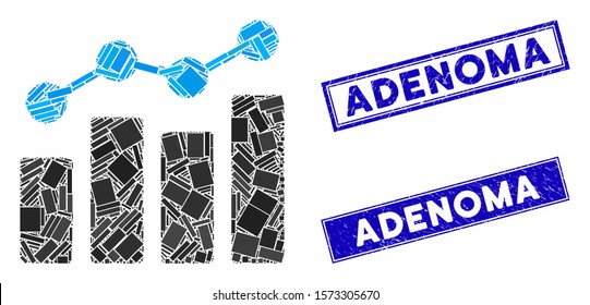 Mosaic analytics pictogram and rectangle Adenoma seals. Flat vector analytics mosaic pictogram of scattered rotated rectangle elements. Blue Adenoma seals with rubber textures.