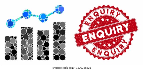 Mosaic analytics and rubber stamp seal with Enquiry caption. Mosaic vector is formed with analytics icon and with scattered circle elements. Enquiry stamp uses red color, and scratched design.