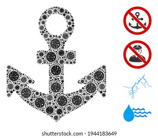 Mosaic anchor composed of flu virus icons in different sizes and color hues. Vector pathogen parts are composed into abstract mosaic anchor icon. Some bonus icons are added.