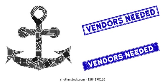 Mosaic anchor pictogram and rectangle Vendors Needed seal stamps. Flat vector anchor mosaic pictogram of random rotated rectangle items. Blue Vendors Needed rubber stamps with scratched textures.