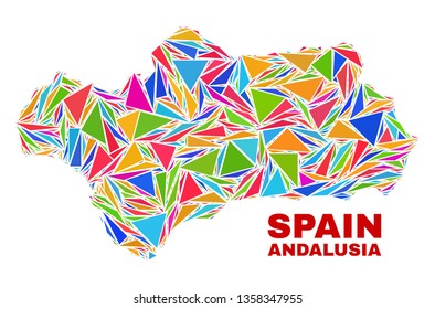 Mosaic Andalusia Province map of triangles in bright colors isolated on a white background. Triangular collage in shape of Andalusia Province map. Abstract design for patriotic illustrations.