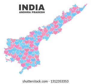 Mosaic Andhra Pradesh State map of valentine hearts in pink and blue colors isolated on a white background. Lovely heart collage in shape of Andhra Pradesh State map.