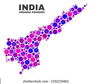 Mosaic Andhra Pradesh State map isolated on a white background. Vector geographic abstraction in pink and violet colors. Mosaic of Andhra Pradesh State map combined of scattered spheric points.