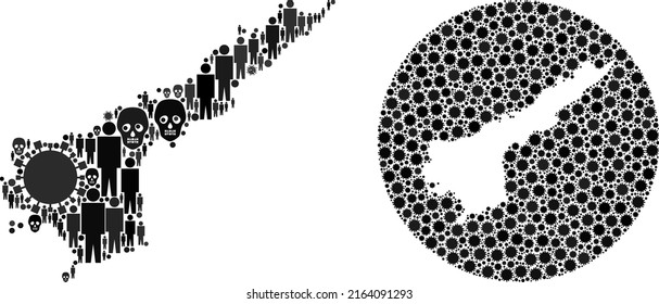 Mosaic Andhra Pradesh State map composed of SARS virus icons and humans and death elements. Infection virus Andhra Pradesh State map mosaic designed with circle and carved shape.